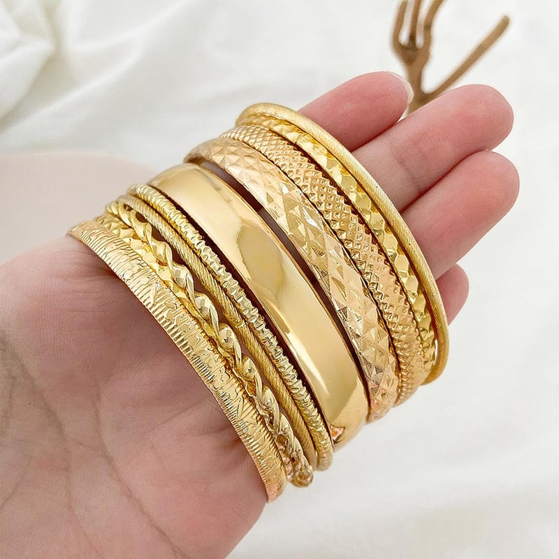 IFKM Gold Bangle Bracelets For Women, 14k Gold Plated Multi Layer Stackable Cuff Bracelet Set, Trendy Elegance Charms Non Tarnish Minimalist Textured Boho Jewelry Gift for Women - Image 4